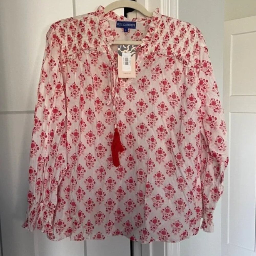 NWT Ro’s Garden Blouse Floral Red White Top Large (fits like XL)